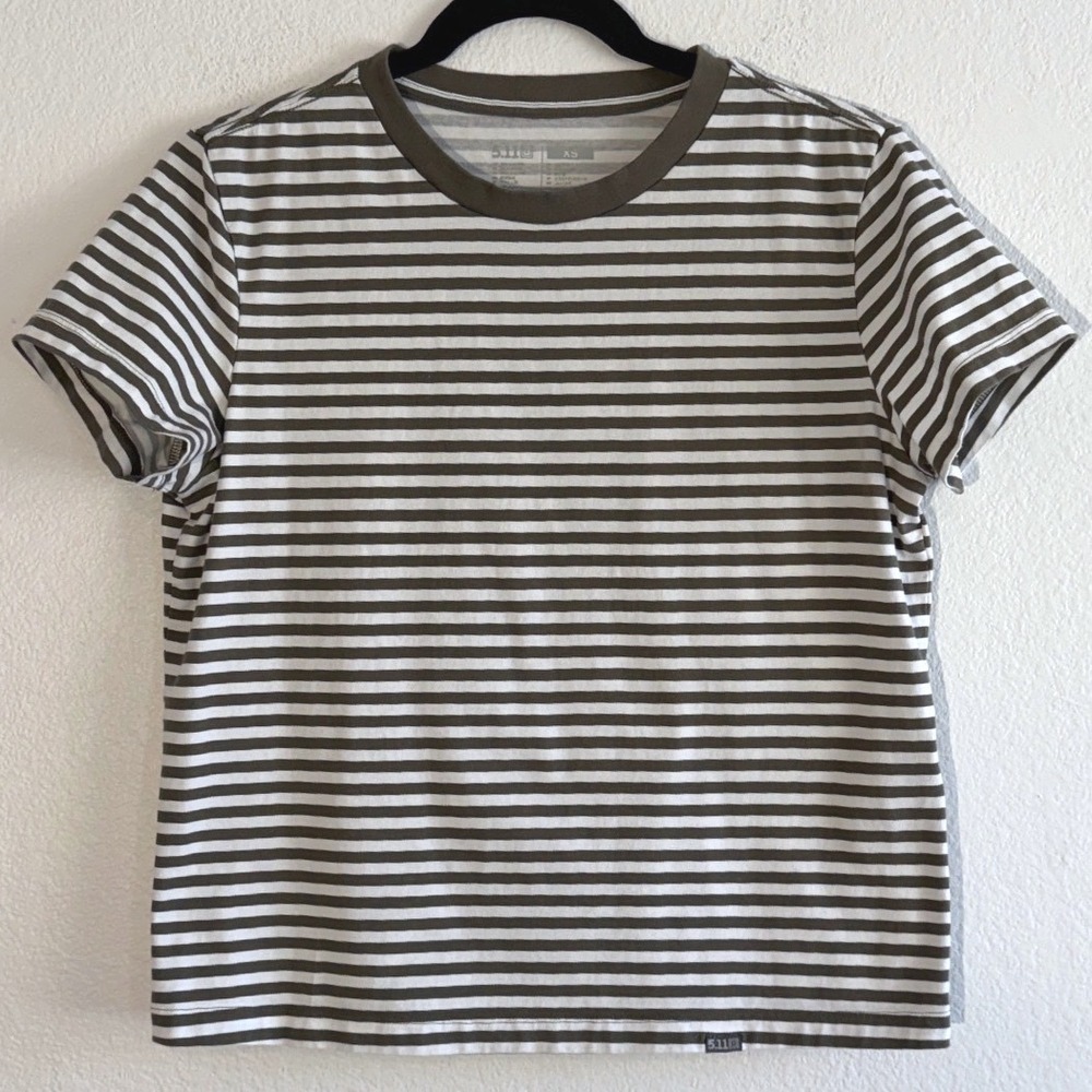 5.11 Tactical Womens XS Elevate Short Sleeve Stripe Crew Neck Tee Brown White